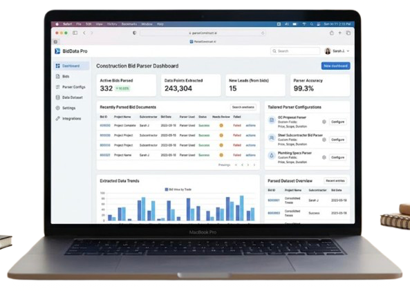 Laptop displaying a Construction Bid Parser dashboard with parsed documents, extracted data trends, and tailored parser configurations.