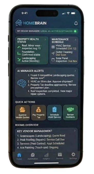 Mobile AI house manager app showing property health status, maintenance schedule, AI manager alerts, quick actions, and key vendor management.