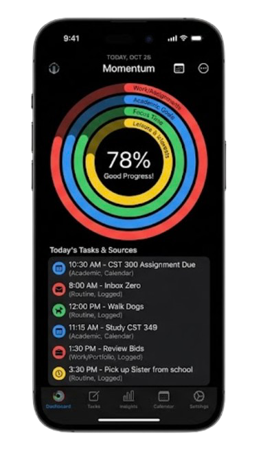 Mobile productivity app showing a colorful concentric ring progress chart and a list of today's tasks and sources.